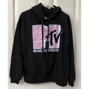 MTV Music Television Hoodie Sweatshirt Pullover Mens Large Black Pink Zebra Logo